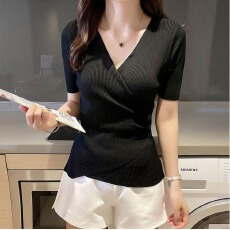 批发女装2026年<b class='q'>夏季</b>新款V领针织衫薄款短袖t恤上衣内搭外穿打底衫