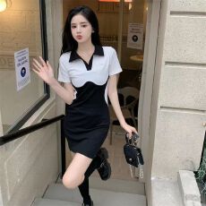 批发2026年夏季<b class='q'>翻领</b>辣妹<b class='q'>连衣裙</b>女撞色气质纯欲风收腰紧身显瘦包臀短裙