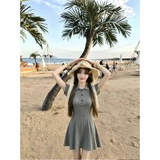 批发千金风灰色翻领连衣裙女2026夏季新款短袖收腰显瘦气质优雅<b class='q'>百褶</b>裙