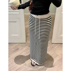 批发撞色条纹高腰半身裙女夏季韩版慵懒风休闲显瘦小个子垂感直筒长裙