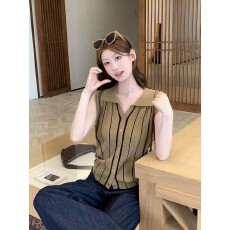 批发韩式翻领条纹<b class='q'>针织</b>背心女夏季薄款polo领无袖<b class='q'>开衫</b>纽扣百搭上衣
