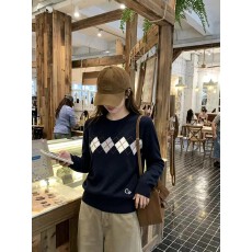 批发MUMU 韩系藏青色学院风复古菱格针织衫秋冬保暖圆领长袖显瘦毛衣
