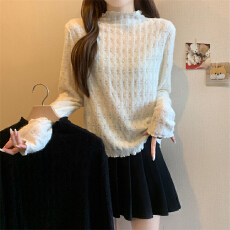 批发实拍大码秋冬季新款百搭半高领提花磨毛打底长袖修身显瘦上衣