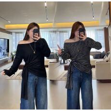 批发大码胖MM新款不规则<b class='q'>条纹</b>韩系开叉斜肩百搭修身设计感<b class='q'>长袖</b><b class='q'>T</b><b class='q'>恤</b>