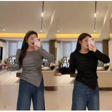 批发胖MM<b class='q'>秋</b>冬季纯欲辣妹风不规则长袖T恤女修身显瘦加绒磨毛打底衫