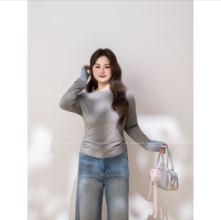2026 새로운 지방 mm 디자인 센스 패치워크 색상 비스듬한 어깨 페이크 레이어드 긴팔 티셔츠 달콤한 매운맛 슬림해 보이는 불규칙 맨위