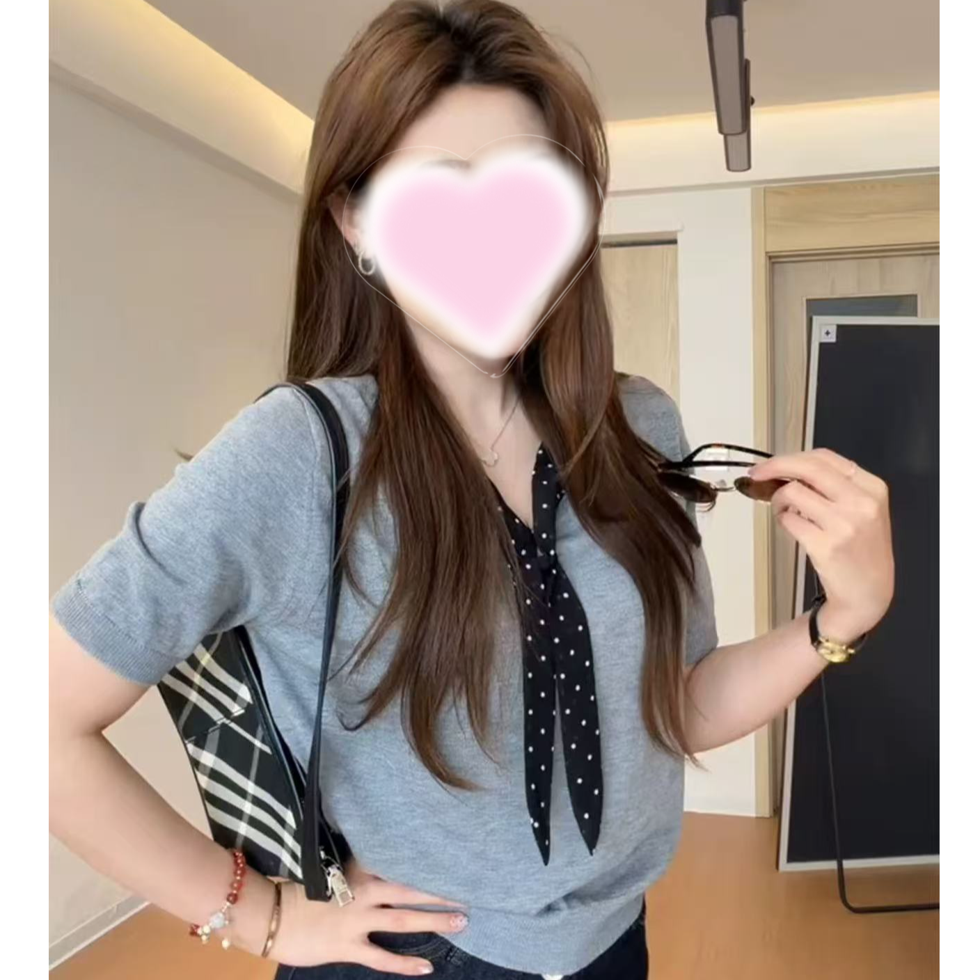 2026 지방 mm 프랑스식 품격 도트 무늬 리본 V넥 반팔 티셔츠 여성 여름 고급 센스 슬림해 보이는 다용도 맨위