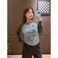 批发胖MM新款复古字母印花撞色<b class='q'>长袖</b>T恤女2026开秋修身显瘦百搭上衣
