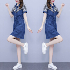 批发大码女装2026夏新款胖妹妹韩版时尚衬衫领印花格子拼接显瘦<b class='q'>连衣裙</b>