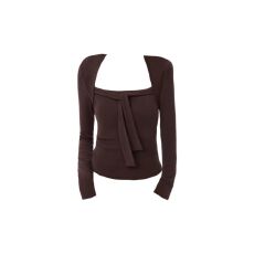 批发特价 德绒270克 美拉德咖色<b class='q'>假两件</b>方领长袖t恤修身内搭打底<b class='q'>上衣</b>