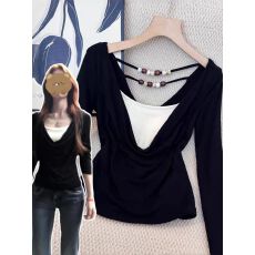 批发特价  人棉随心裁260克/手工串珠 韩系<b class='q'>假两件</b>长袖t恤设计感<b class='q'>上衣</b>