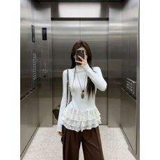 批发8*1坑条德绒  木耳边半高领芭蕾风<b class='q'>女</b>长袖打底衫内搭设计感上衣