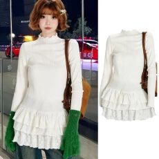 批发8*1坑条德绒  木耳边半高领芭蕾风<b class='q'>女</b>长袖打底衫内搭设计感上衣