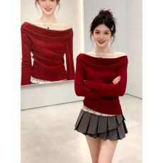 批发卓泽网批  1*1随心裁270克 红色蕾丝拼接<b class='q'>长袖</b>女辣妹纯欲露肩上衣