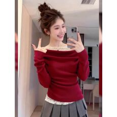 批发卓泽网批  1*1随心裁270克 红色蕾丝拼接<b class='q'>长袖</b>女辣妹纯欲露肩上衣