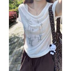 批发卓泽网批 雪花棉165G+原版发泡印花 时尚荡领短袖t恤女设计感<b class='q'>上衣</b>