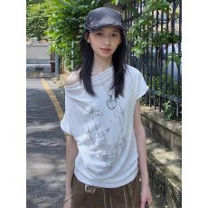 批发卓泽网批 雪花棉165G+原版发泡印花 时尚荡领短袖t恤女设计感<b class='q'>上衣</b>