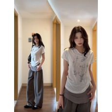 批发卓泽网批 雪花棉165G+原版发泡印花 时尚荡领短袖t恤女设计感<b class='q'>上衣</b>