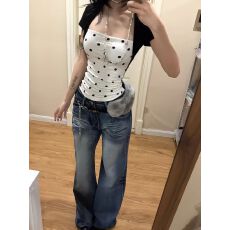 卓泽网批 40支精棉210克 美式辣妹风黑白波点小众假两件短袖t恤女