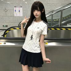 卓泽网批 40支棉1*1奥代尔220克+刺绣 设计感波点圆领短袖上衣女