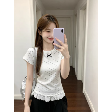 卓泽网批 40支棉1*1奥代尔220克原版做工 蕾丝花边拼接波点短袖女