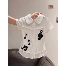 批发卓泽网批 原版面料100棉➕贴布绣 韩系少女音符<b class='q'>刺绣</b>白色<b class='q'>衬衫</b>女潮
