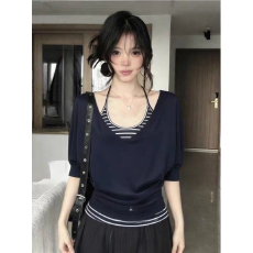 批发卓泽网批 人棉+原版色织条两件套 撞色吊带叠穿上衣背心两件套潮