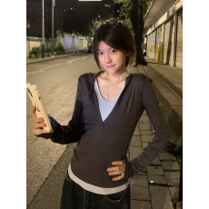 批发卓泽网批 1*1人棉260克 复古清冷感拼色假两件连帽<b class='q'>打底衫</b>长袖T恤