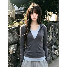 批发卓泽网批 1*1人棉260克 复古清冷感拼色假两件连帽<b class='q'>打底衫</b>长袖T恤