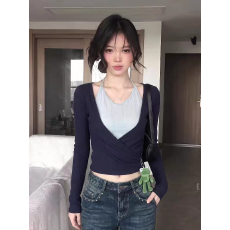 卓泽网批 原版提花面料 韩系藏青色交叉假两件花边挂脖长袖T恤女
