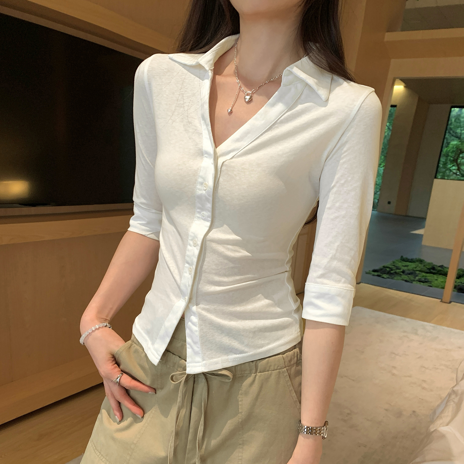 MY11293# 图藏青色高级感别致中袖衬衫女夏季新款法式漂亮单穿上衣女裝...