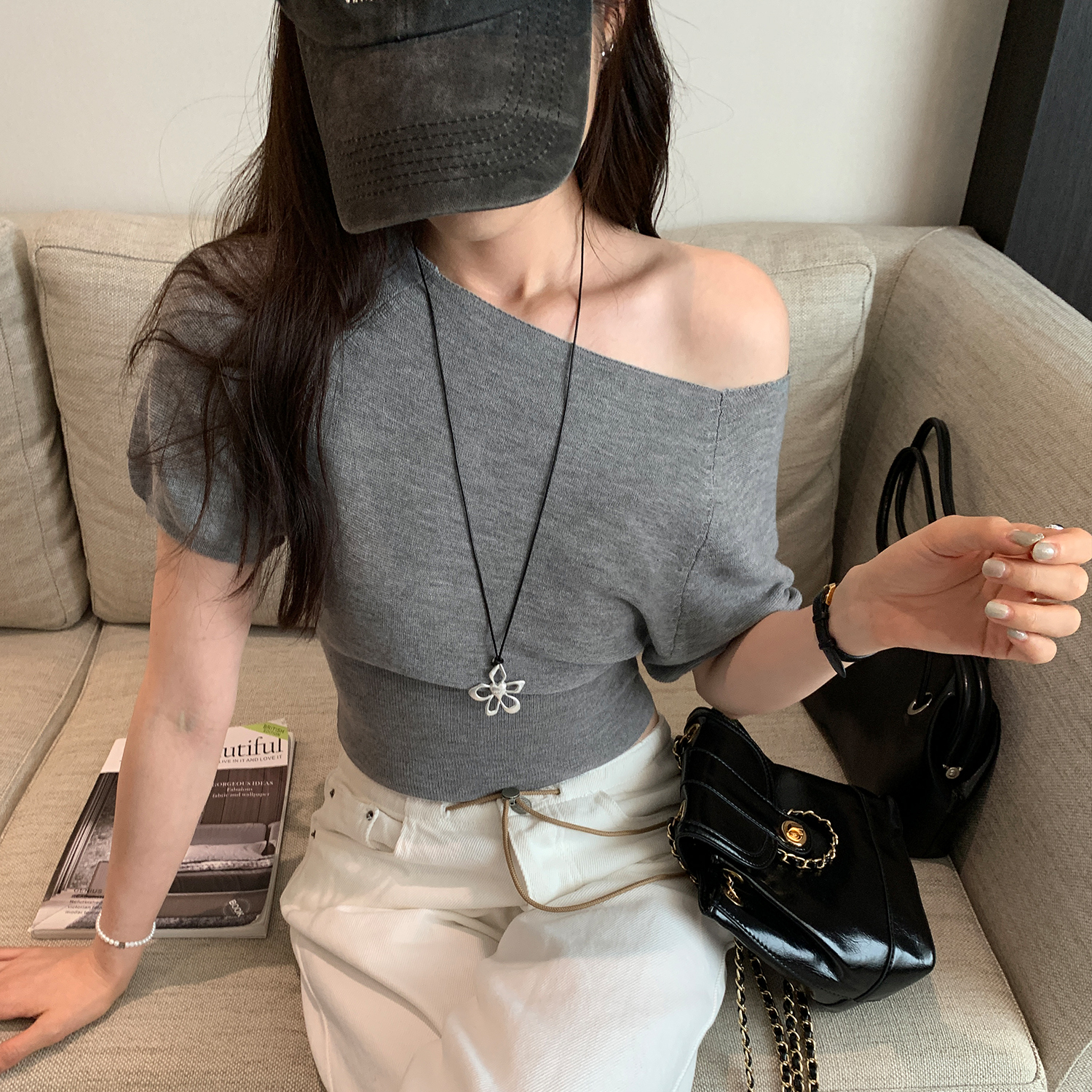 FA34148# 图斜肩短袖针织衫女夏季新款收腰显瘦辣妹露肩小上衣 服裝批發女裝批發服飾貨源