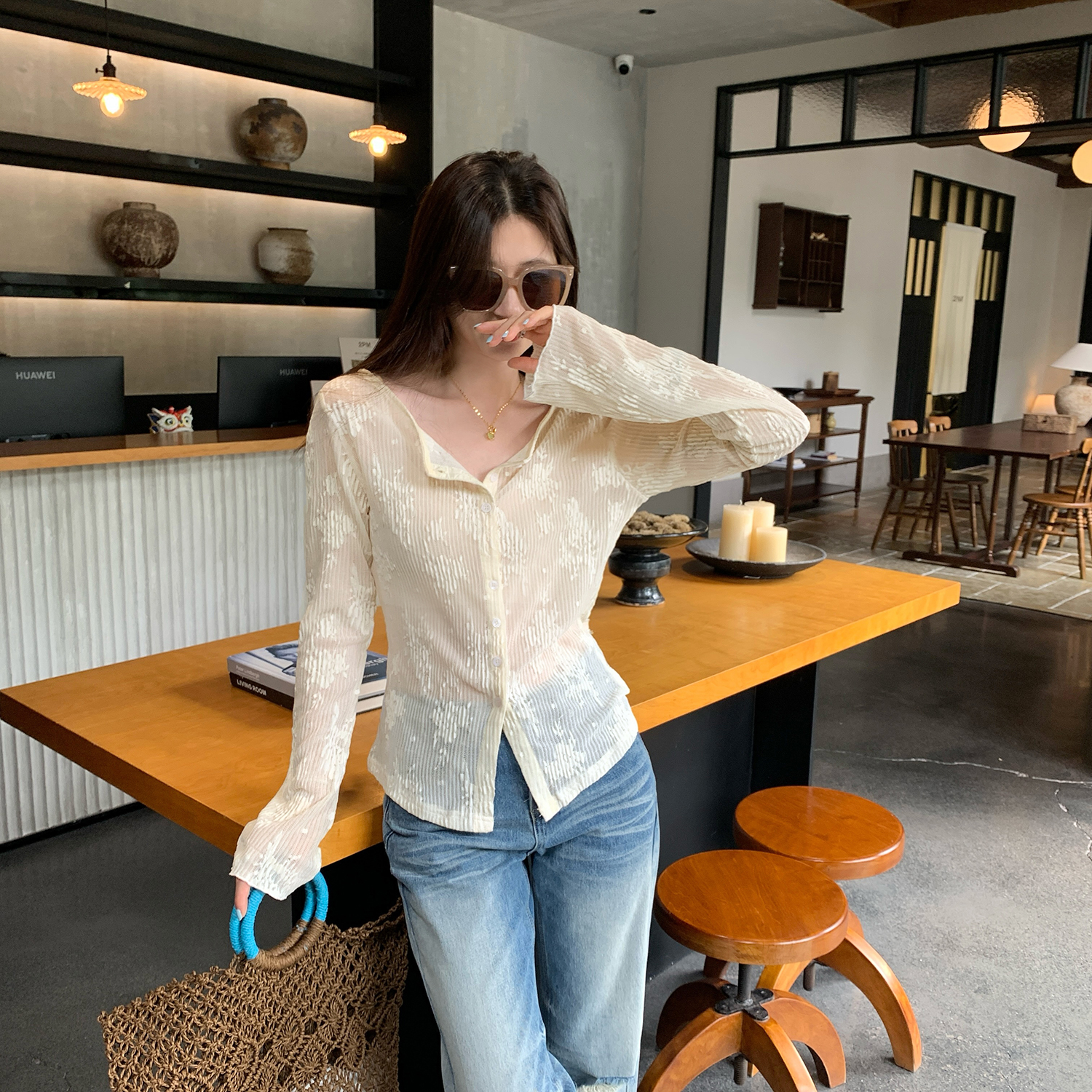 FA34146# 图气质杏色薄款针织开衫女新款莆丝防晒空调衫外穿上衣 服裝批發女裝批發服飾貨源