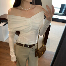 批发实拍图莱赛尔天丝高级感一字肩露肩打底衫女秋季2025新款修身上衣