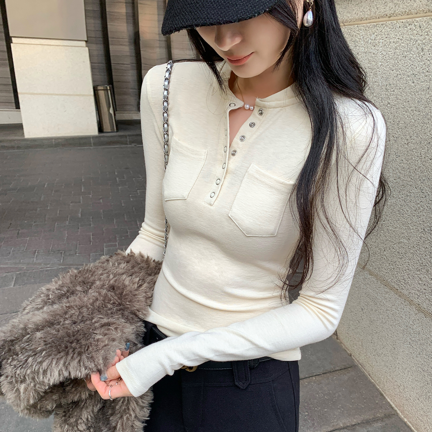 MY15682# 亨利领长袖内搭打底衫T恤女新款高级感修身上衣女裝貨源服裝批發