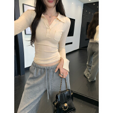 批发实拍图穿搭咖色polo领打底衫<b class='q'>T</b><b class='q'>恤</b>女秋冬2025新款修身显瘦内搭上衣