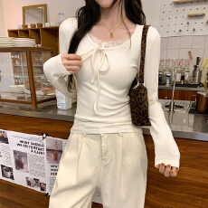 批发<b class='q'>实拍</b>图漂亮蕾丝拼接系带白色内搭打底衫女冬季2025新款修身上衣
