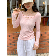 批发实拍图交叉圆领镂空内搭打底针织衫女秋冬季新款高级感修身上衣