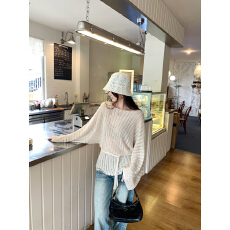 批发实拍图天丝<b class='q'>亚麻</b>镂空一字肩收腰绑带长袖内搭打底衫女新款罩衫上衣