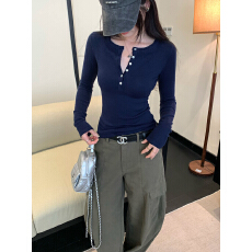 批发实拍图韩版半开领纽扣针织衫女2026春季新款长袖<b class='q'>修身</b>显瘦打底衫