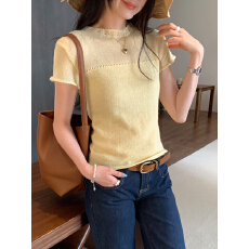 实拍图黄色拼接正肩短袖羊毛针织衫女夏季2026新款修身短款上衣