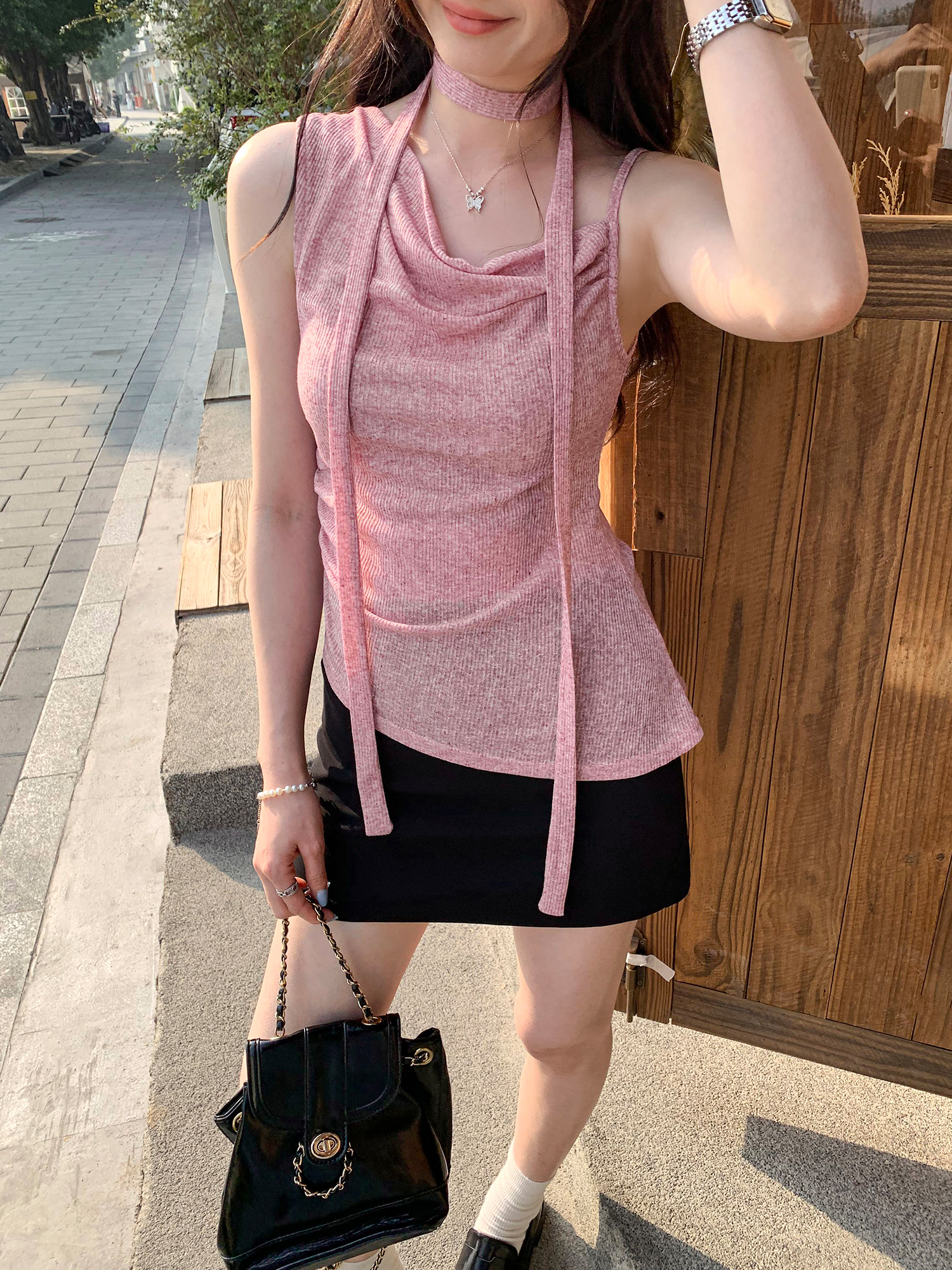 실사 그림 행침 목 리본 불규칙 펌프 Pleat 디자인 센스 흔들다 칼라 캐미솔 여름 순수한 욕망 바람 핫걸 맨위