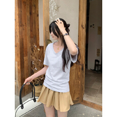 批发实拍图韩系口袋设计感短袖T恤女2026夏新款简约纯棉宽松显瘦上衣