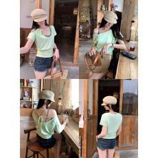 批发实拍图独特漂亮绑带<b class='q'>V领</b>绿色短袖T恤女夏季2026新款收腰设计感上衣