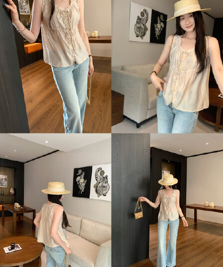 실사 그림 펌프 로프 레이스업 꼬집기 허리 u 칼라 조끼 여성 여름 외출용 2026 새로운 프랑스식 코치 아름다운 셔츠