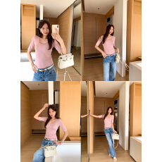 批发实拍图莱赛尔天丝U领木耳边修身五分<b class='q'>袖</b>T恤女夏2026新款掐腰<b class='q'>上衣</b>