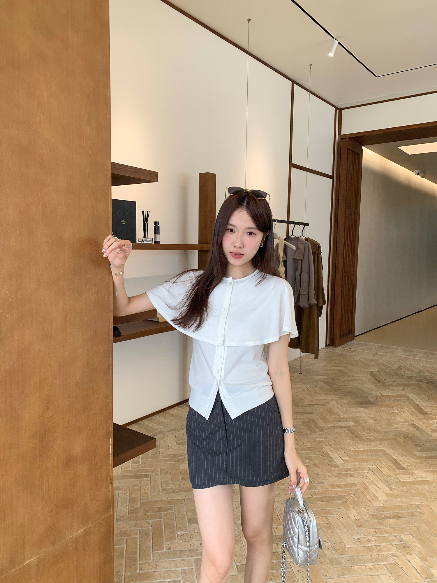 BY29020# 图韩系漂亮修身纽扣圆领披肩短袖T恤女新款单穿开衫 服裝批發女裝批發服飾貨源