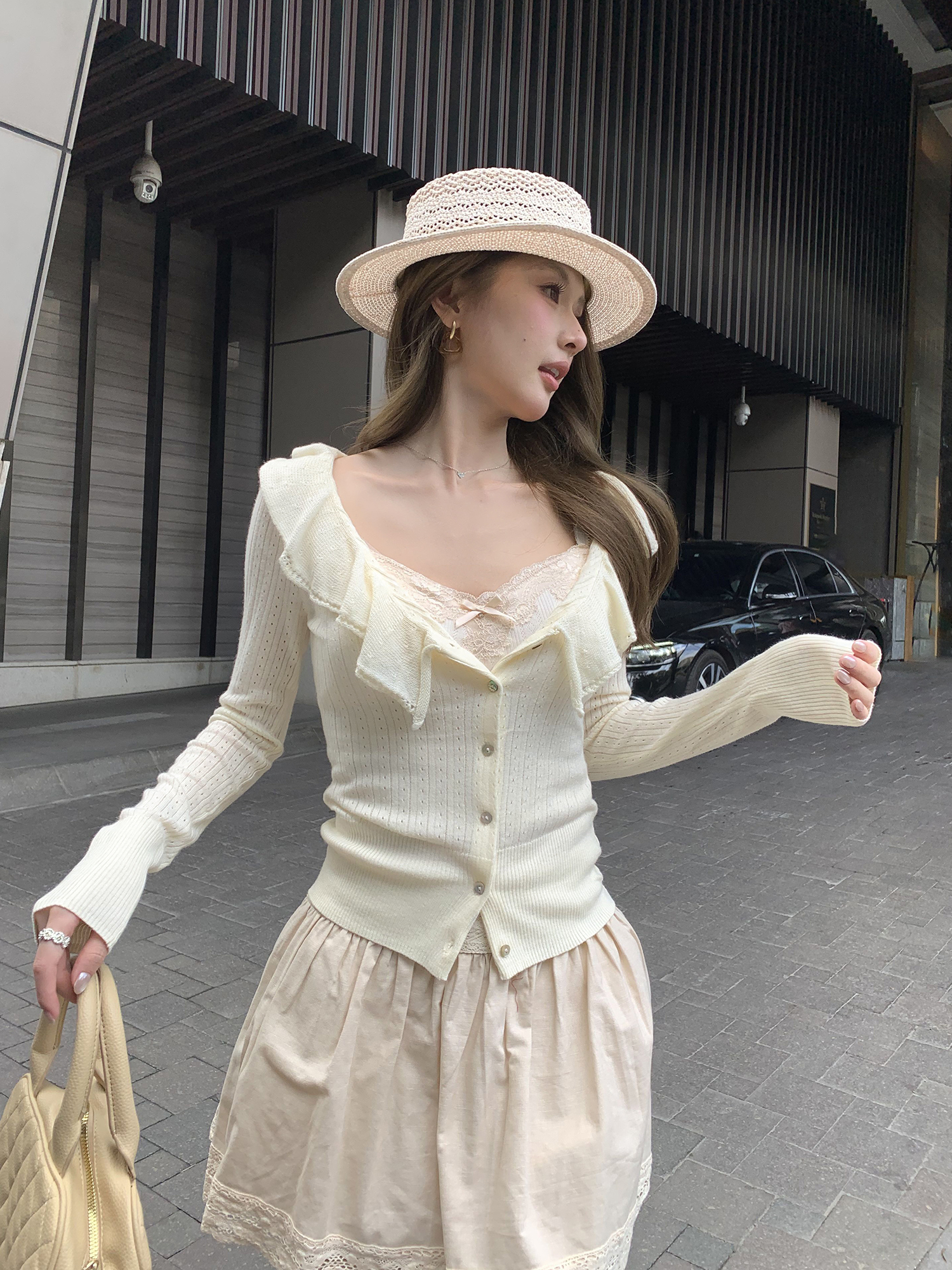 BY34050# 图韩系荷叶边V领长袖针织衫女秋季新款冷淡系穿搭上衣 服裝批發女裝批發服飾貨源