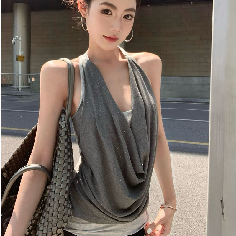 패치워크 페이크 레이어드 흔들다 칼라 슬립 작은 조끼 여성 여름 민소매 디자인 센스 배색 맨위