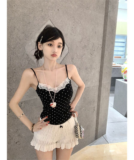 벨트 가슴 패드 순수한 욕망 작은 샤넬 스타일 화이트 광장 칼라 레이스 측면 캐미솔 여름 한 부서 외국 가스